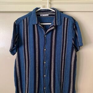 Zara Blue and Navy Vertical-Stripe Short-Sleeve Button-Down Shirt (Fits like S/M